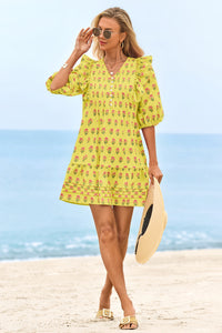 Wenrine Womens Yellow 3/4 Lantern Sleeve Babydoll Mini Dress