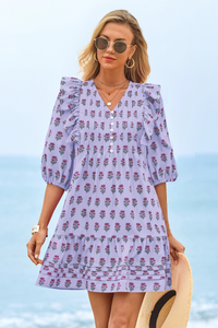 Wenrine Womens Violet 3/4 Lantern Sleeve Babydoll Mini Dress