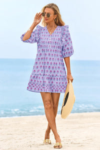 Wenrine Womens Violet 3/4 Lantern Sleeve Babydoll Mini Dress