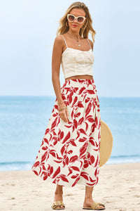 Wenrine Womens White&Red Floral High Waisted  Maxi Skirt