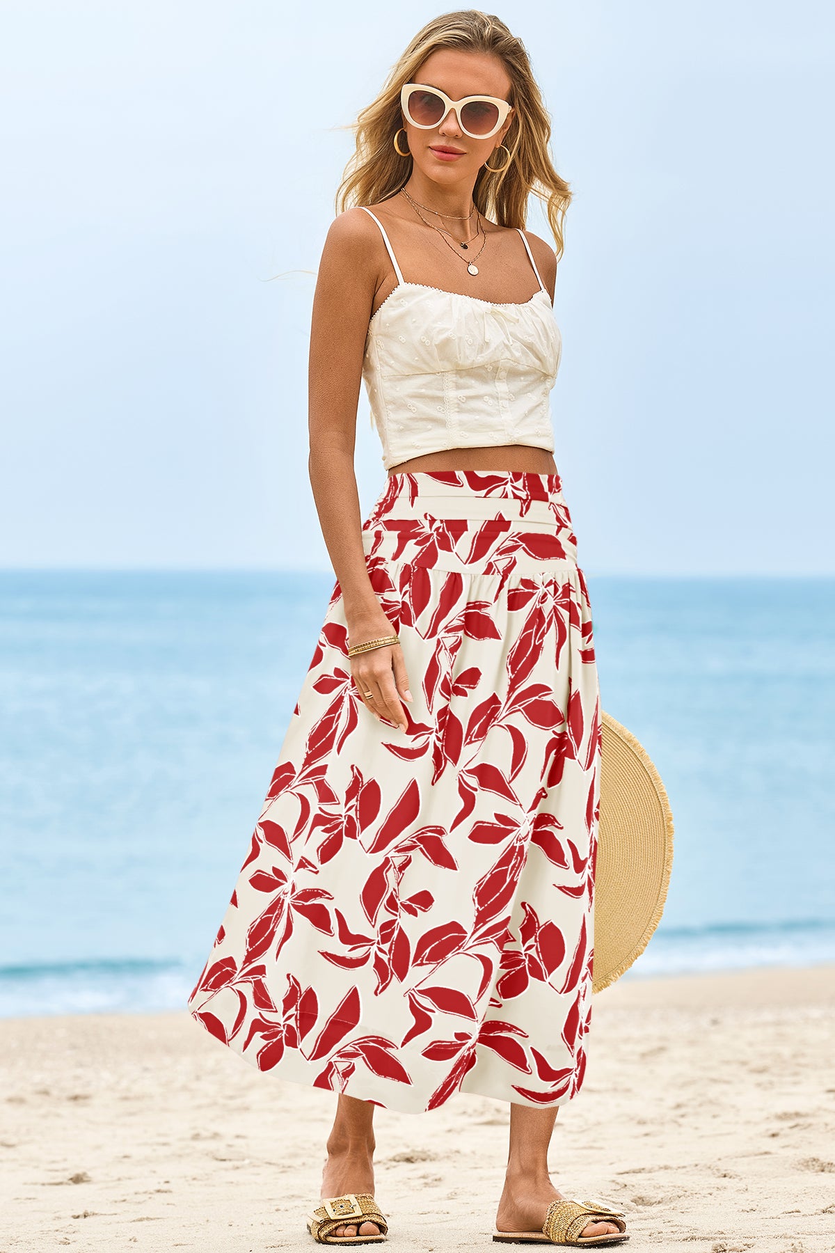 Wenrine Womens White&Red Floral High Waisted  Maxi Skirt