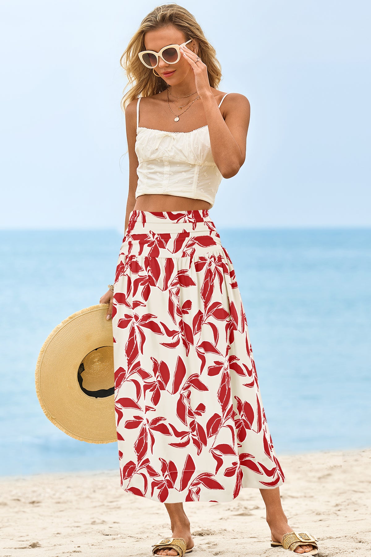 Wenrine Womens White&Red Floral High Waisted  Maxi Skirt