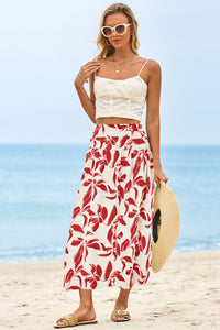 Wenrine Womens White&Red Floral High Waisted  Maxi Skirt