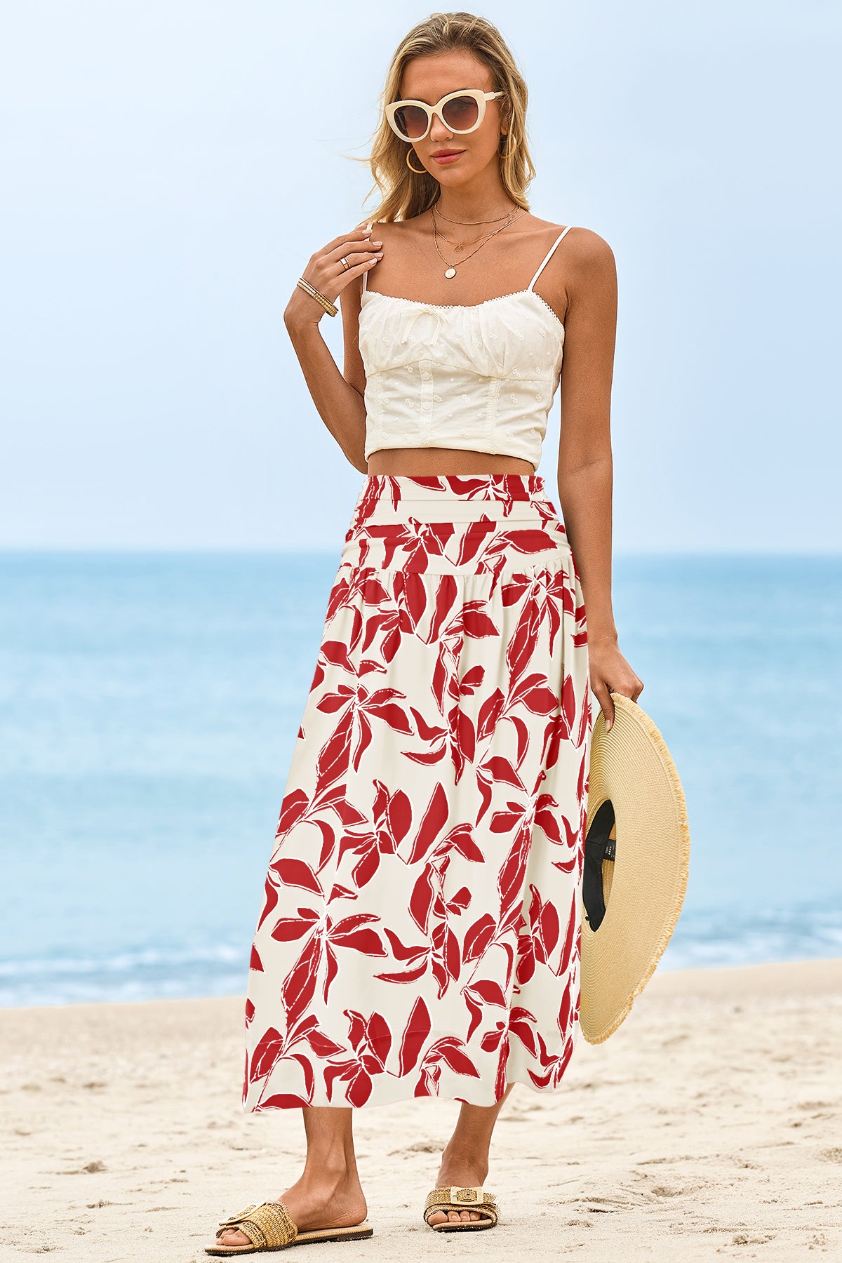 Wenrine Womens White&Red Floral High Waisted  Maxi Skirt