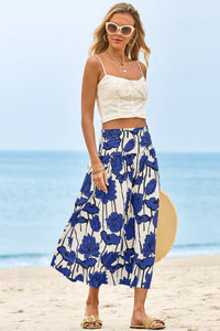 Wenrine Womens Blue Floral High Waisted  Maxi Skirt