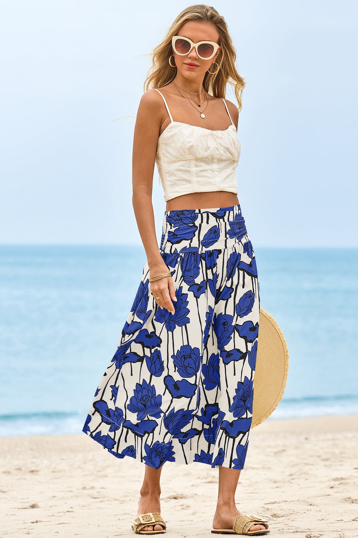 Wenrine Womens Blue Floral High Waisted  Maxi Skirt