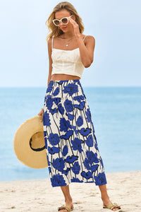 Wenrine Womens Blue Floral High Waisted  Maxi Skirt
