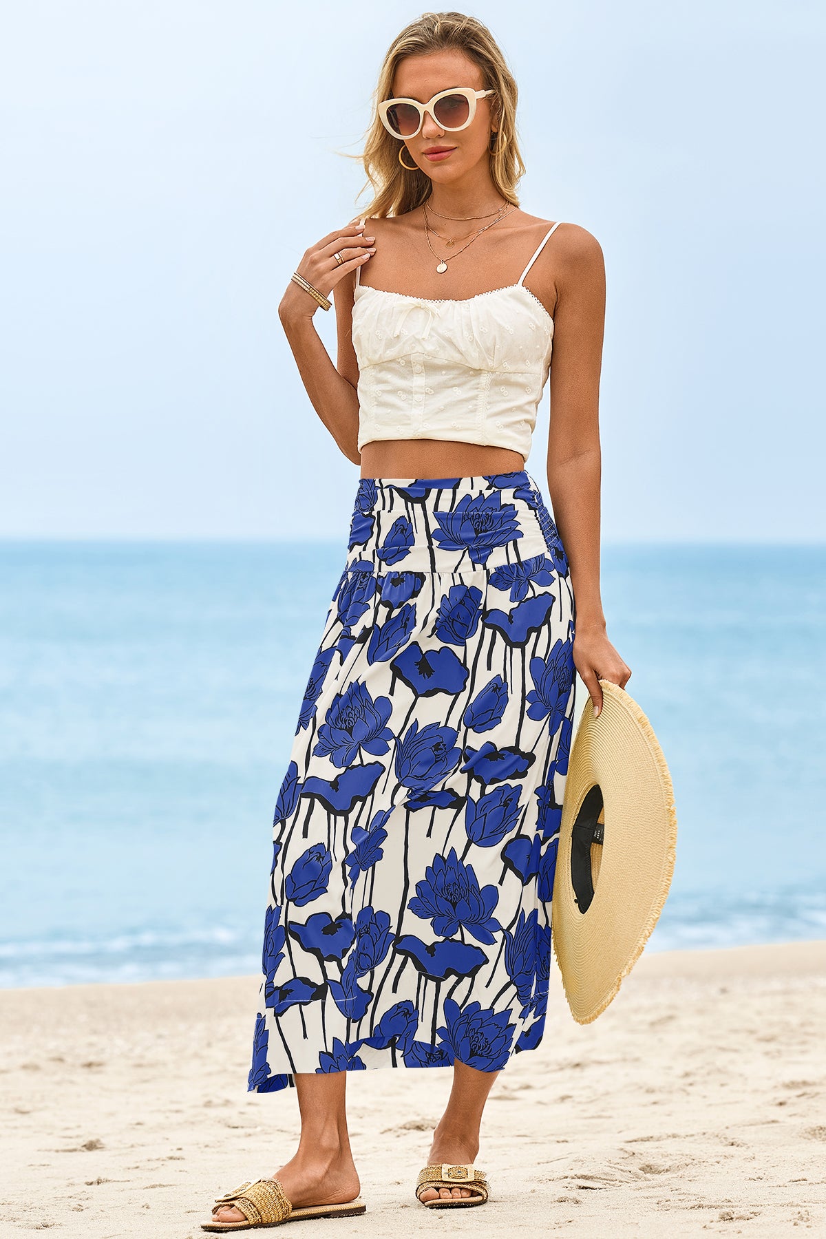 Wenrine Womens Blue Floral High Waisted  Maxi Skirt