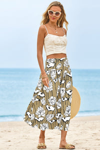 Wenrine Womens Khaki Floral High Waisted  Maxi Skirt