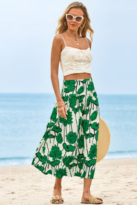 Wenrine Womens Green Floral High Waisted  Maxi Skirt