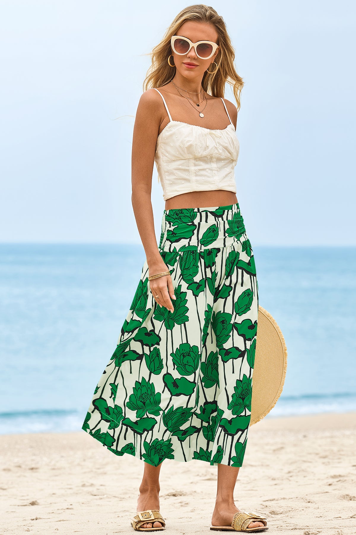 Wenrine Womens Green Floral High Waisted  Maxi Skirt