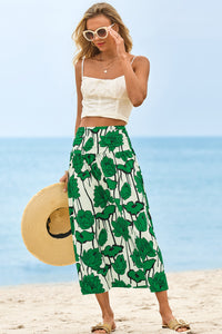 Wenrine Womens Green Floral High Waisted  Maxi Skirt