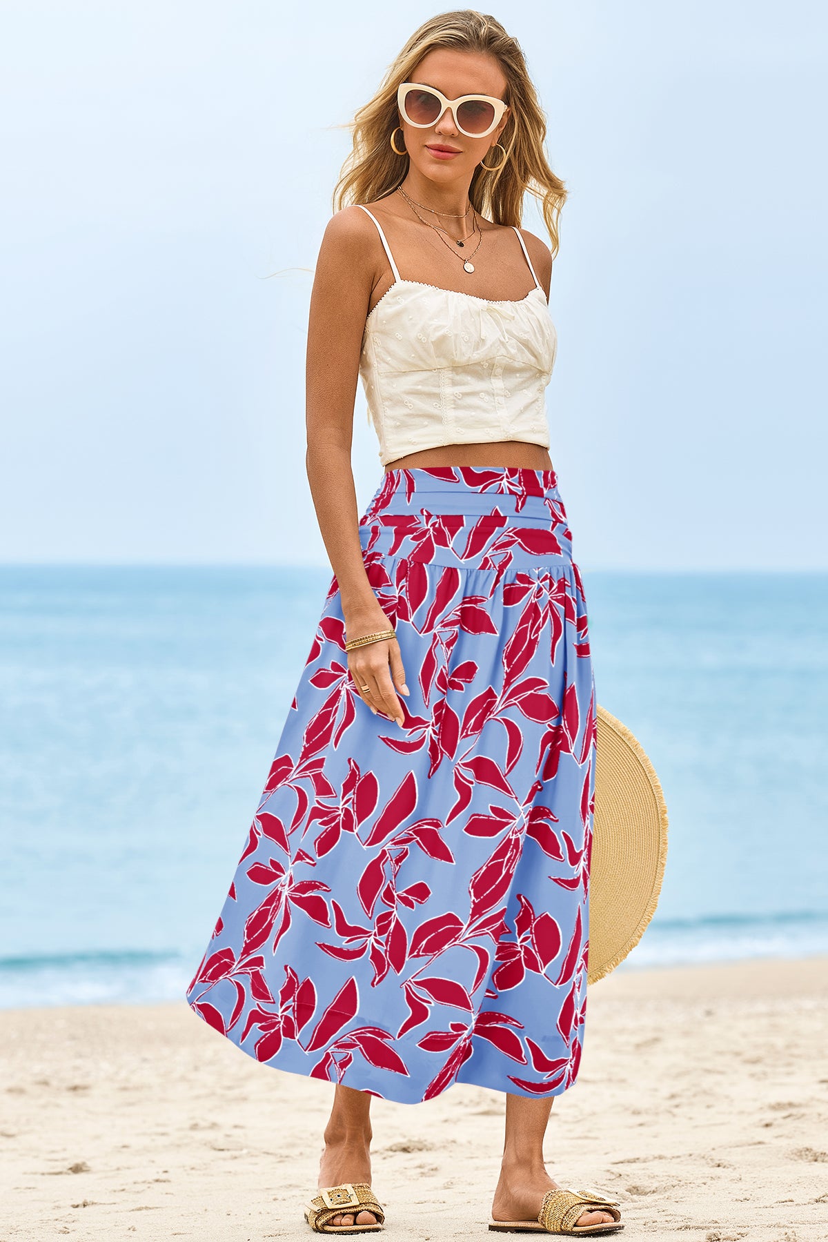 Wenrine Womens Rose Red Floral High Waisted  Maxi Skirt