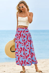 Wenrine Womens Rose Red Floral High Waisted  Maxi Skirt