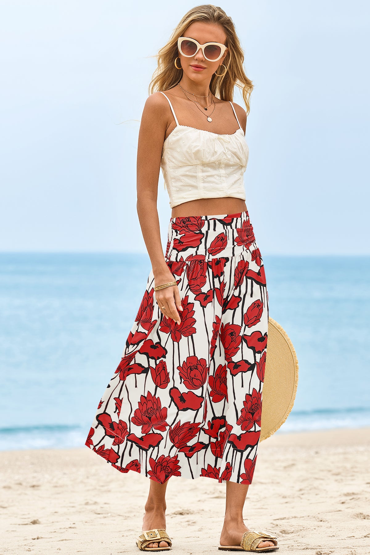 Wenrine Womens Red Floral High Waisted  Maxi Skirt