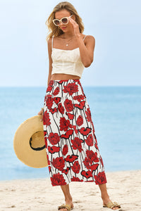 Wenrine Womens Red Floral High Waisted  Maxi Skirt