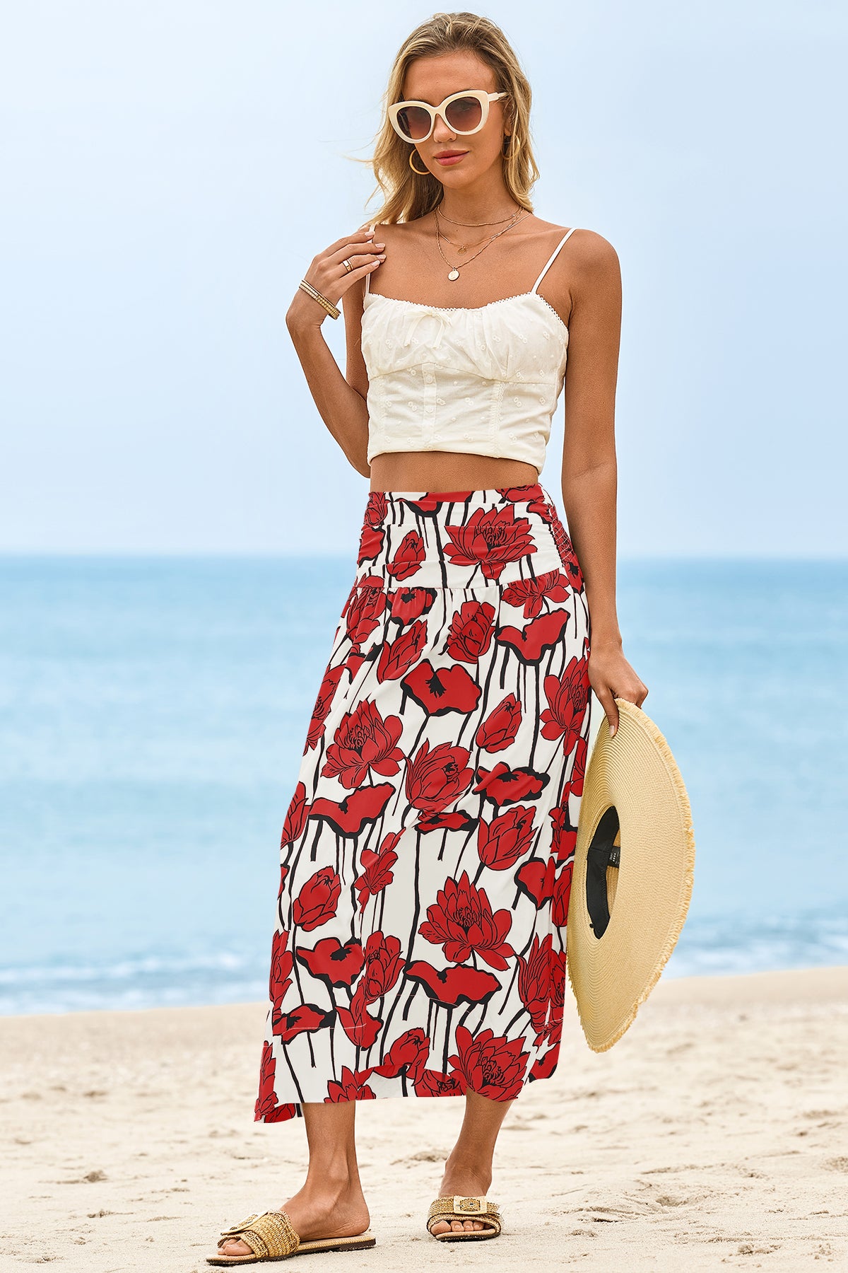 Wenrine Womens Red Floral High Waisted  Maxi Skirt