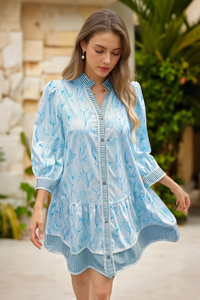 Wenrine Women's Blue Floral Boho  Shirt Dresses