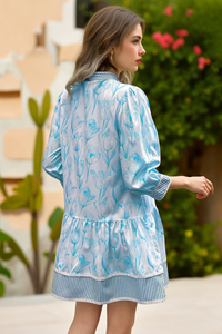 Wenrine Women's Blue Floral Boho  Shirt Dresses