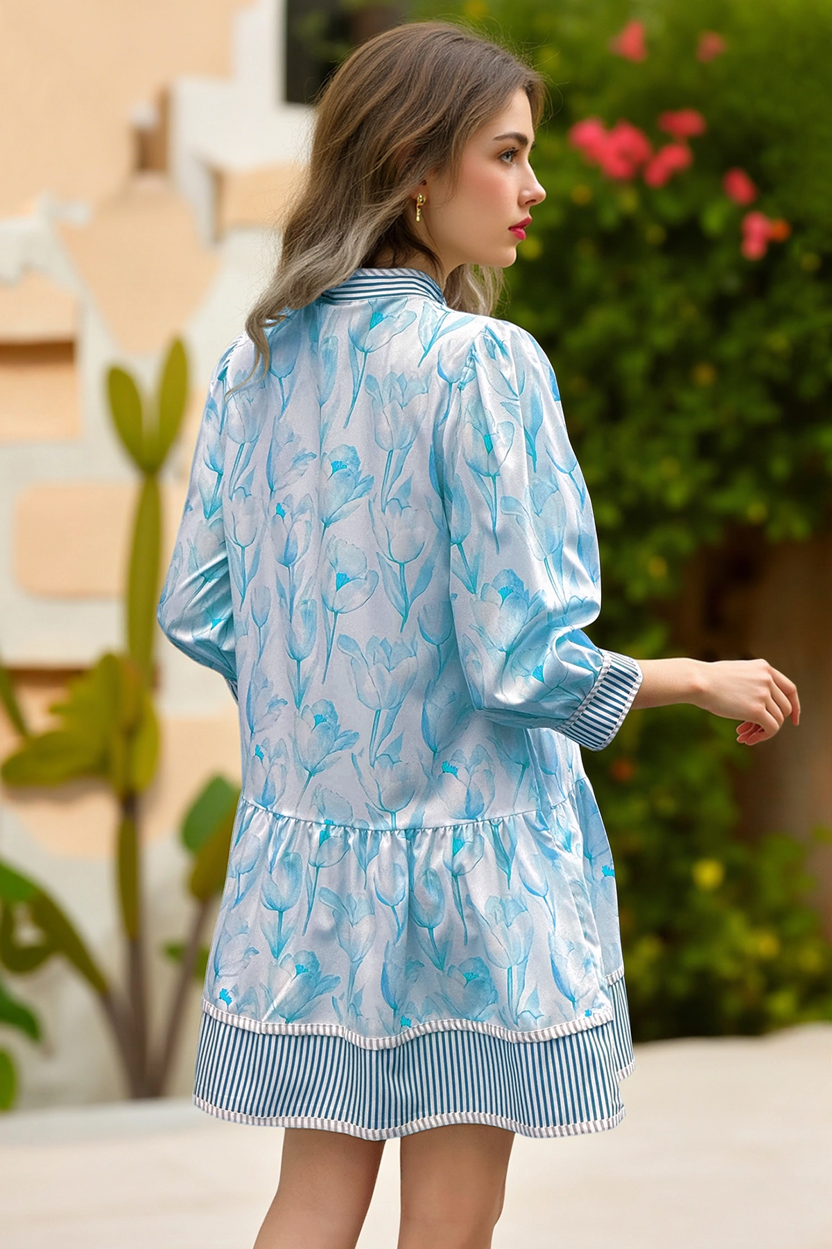 Wenrine Women's Blue Floral Boho  Shirt Dresses