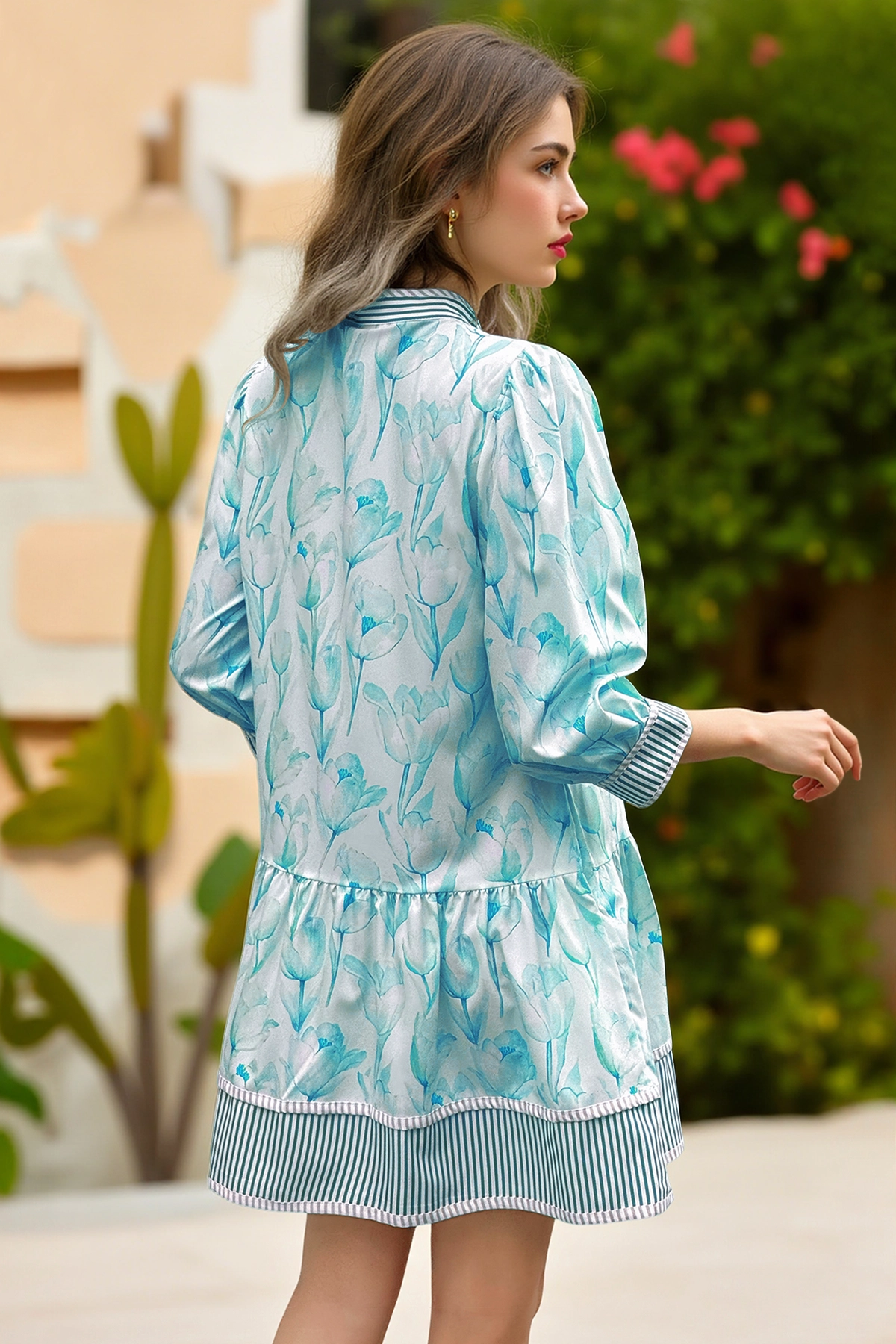 Wenrine Women's Lake Blue Floral Boho  Shirt Dresses