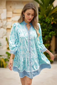 Wenrine Women's Lake Blue Floral Boho  Shirt Dresses