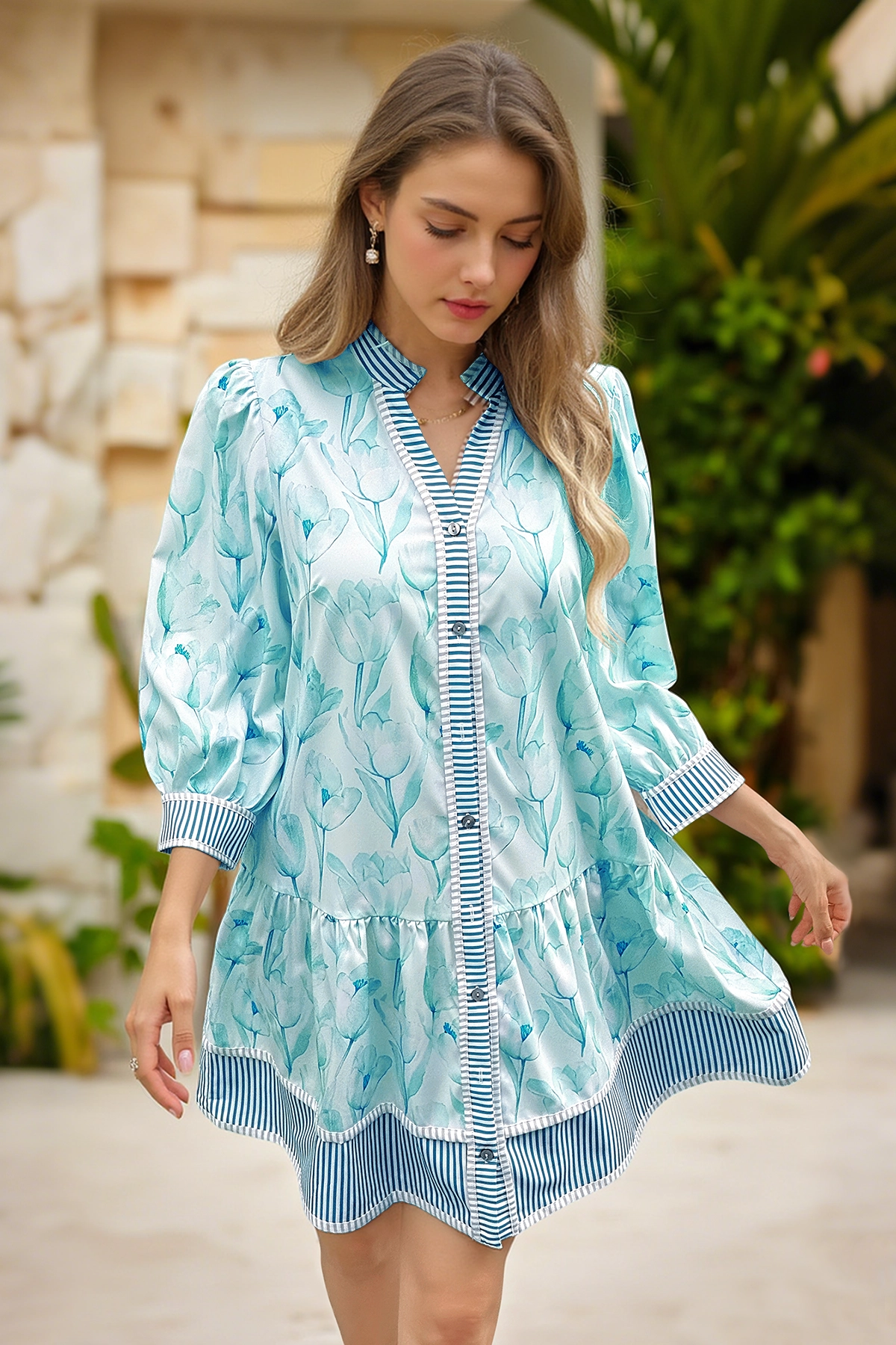Wenrine Women's Lake Blue Floral Boho  Shirt Dresses