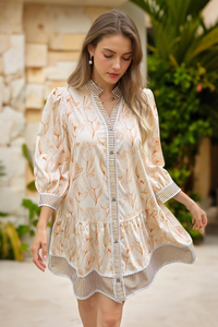 Wenrine Women's Khaki Floral Boho  Shirt Dresses