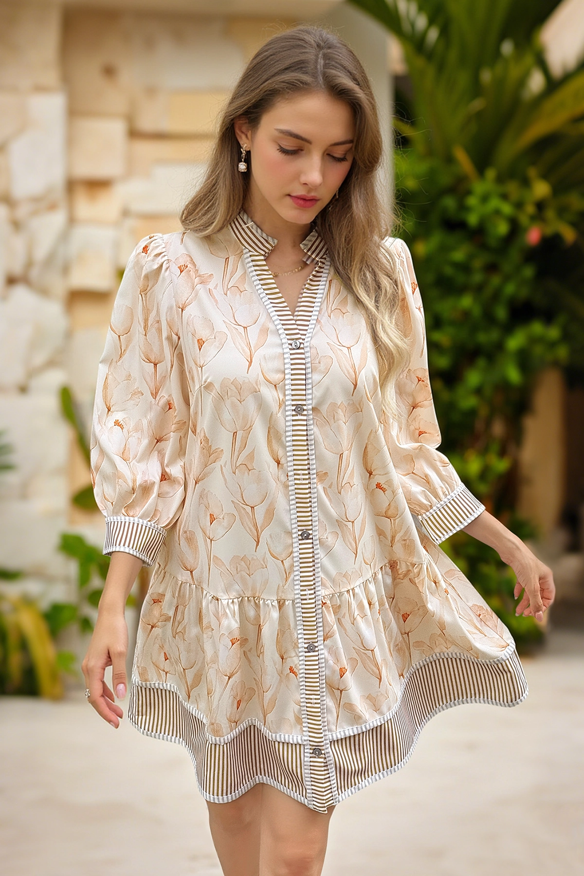 Wenrine Women's Khaki Floral Boho  Shirt Dresses