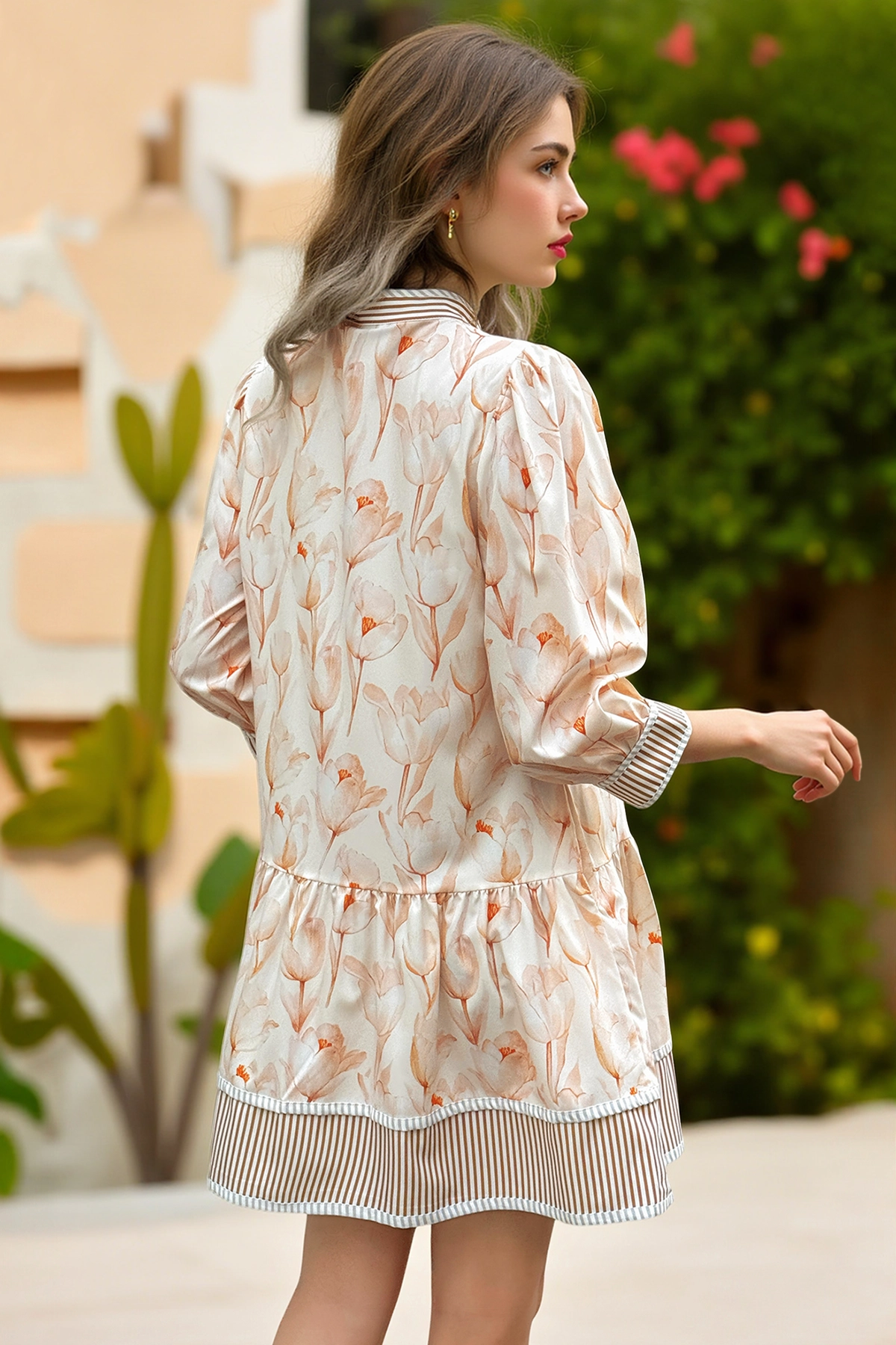 Wenrine Women's Khaki Floral Boho  Shirt Dresses