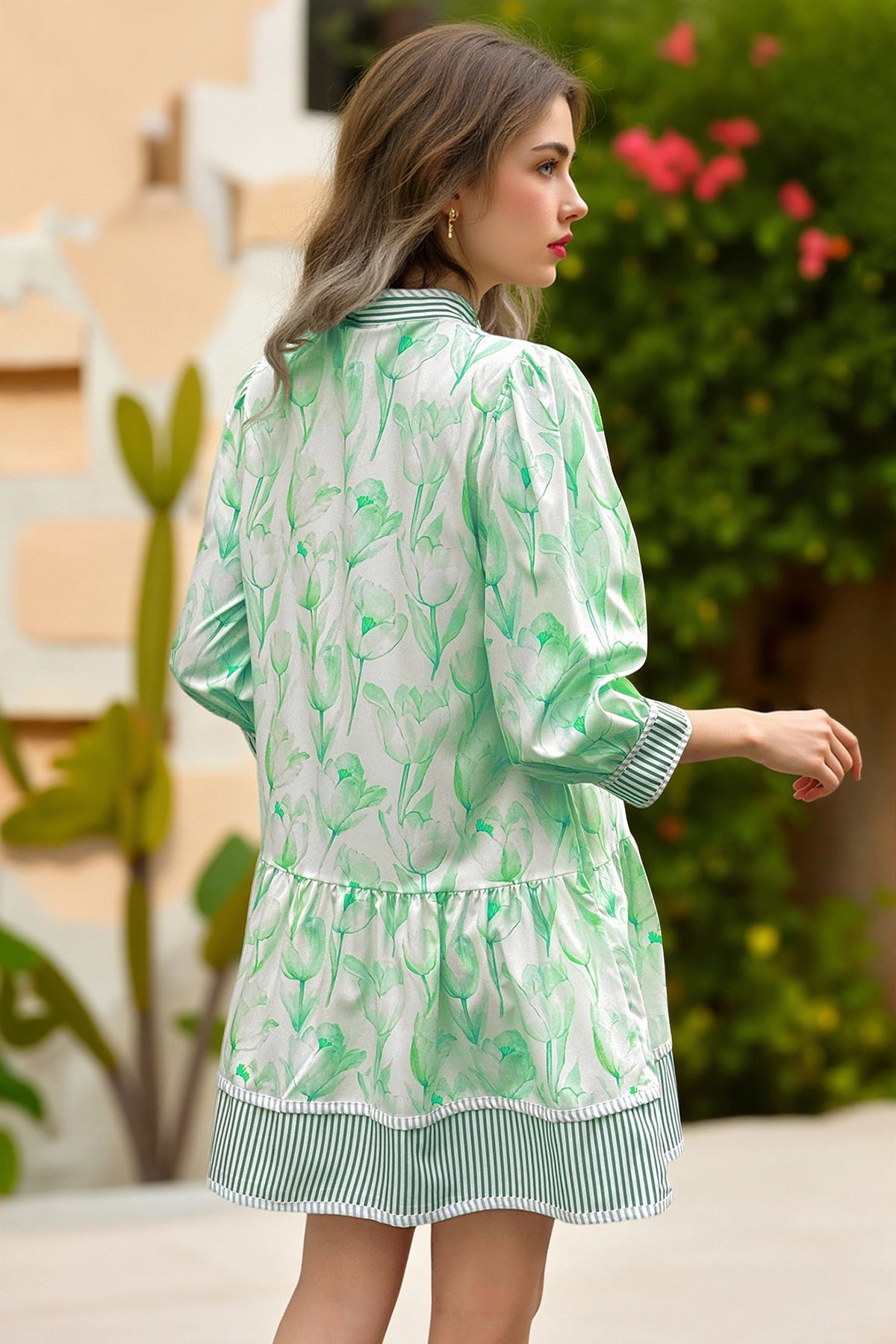 Wenrine Women's Green Floral Boho  Shirt Dresses