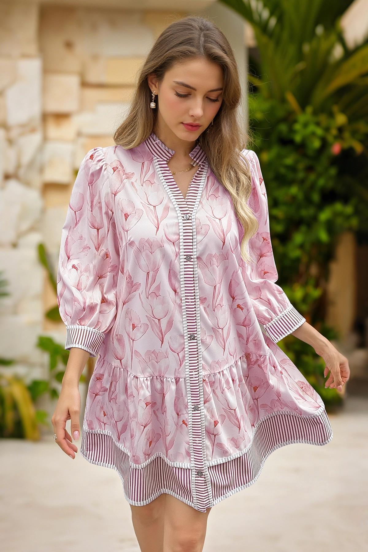 Wenrine Women's Fuchsia Floral Boho  Shirt Dresses
