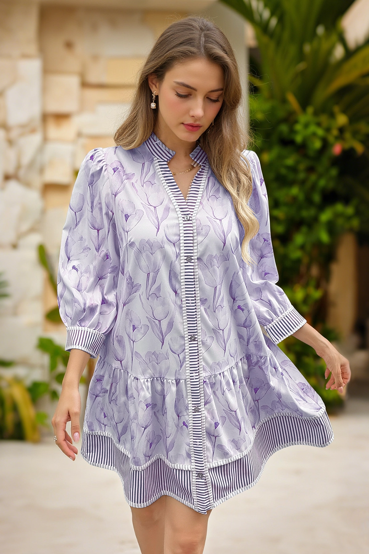 Wenrine Women's Violet Floral Boho  Shirt Dresses