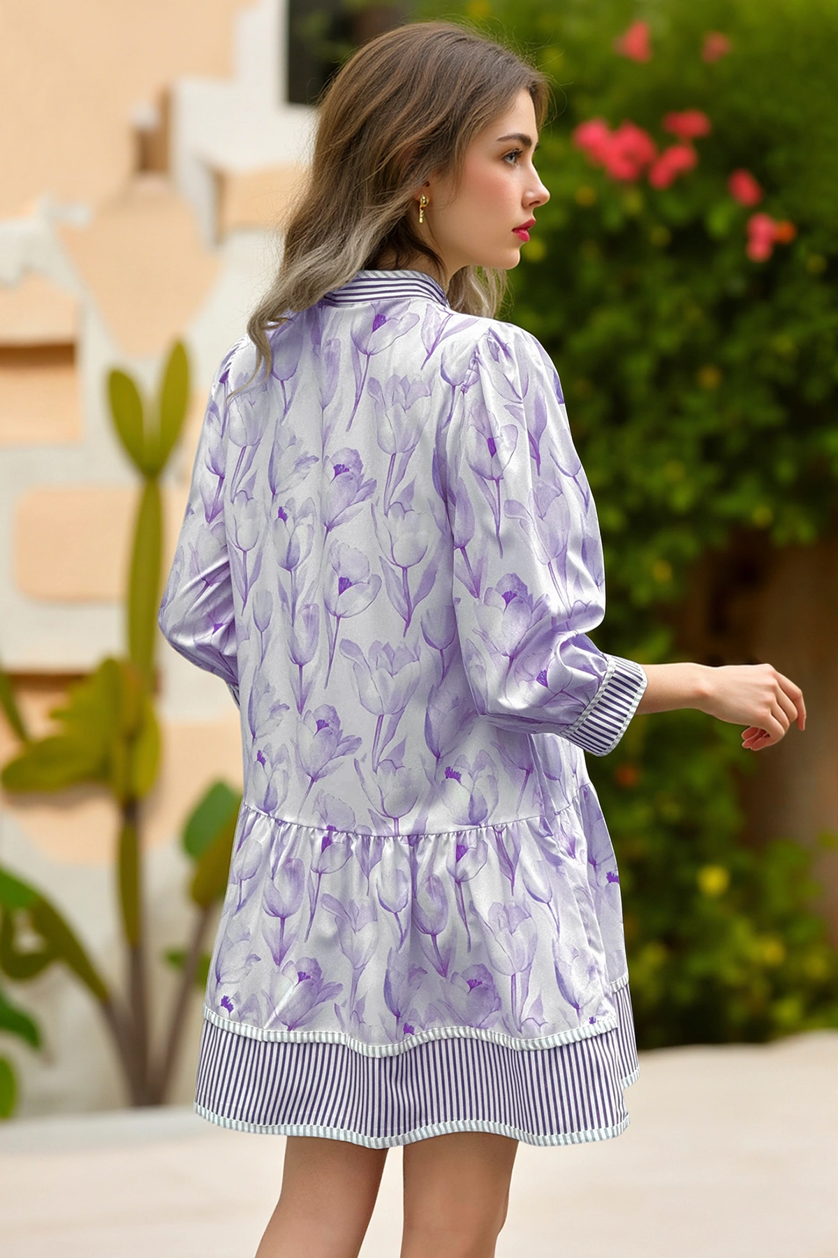 Wenrine Women's Violet Floral Boho  Shirt Dresses