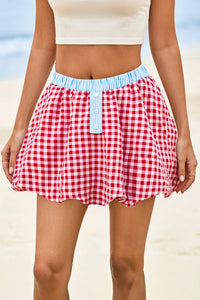 Wenrine Womens Red Cute Mini Plaid Bubble Skirts