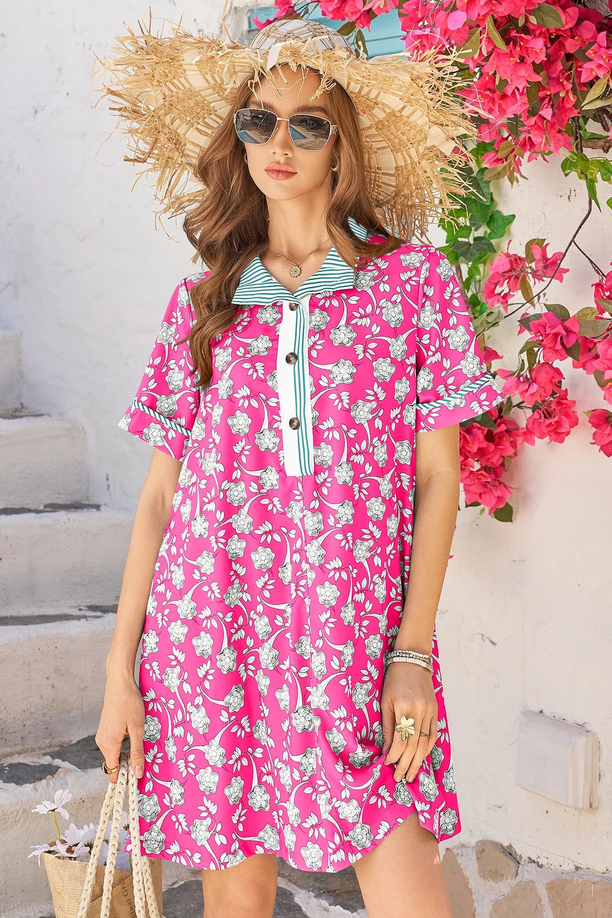 Wenrine Womens Rose Red Floral Collared Button Down Mini Dress
