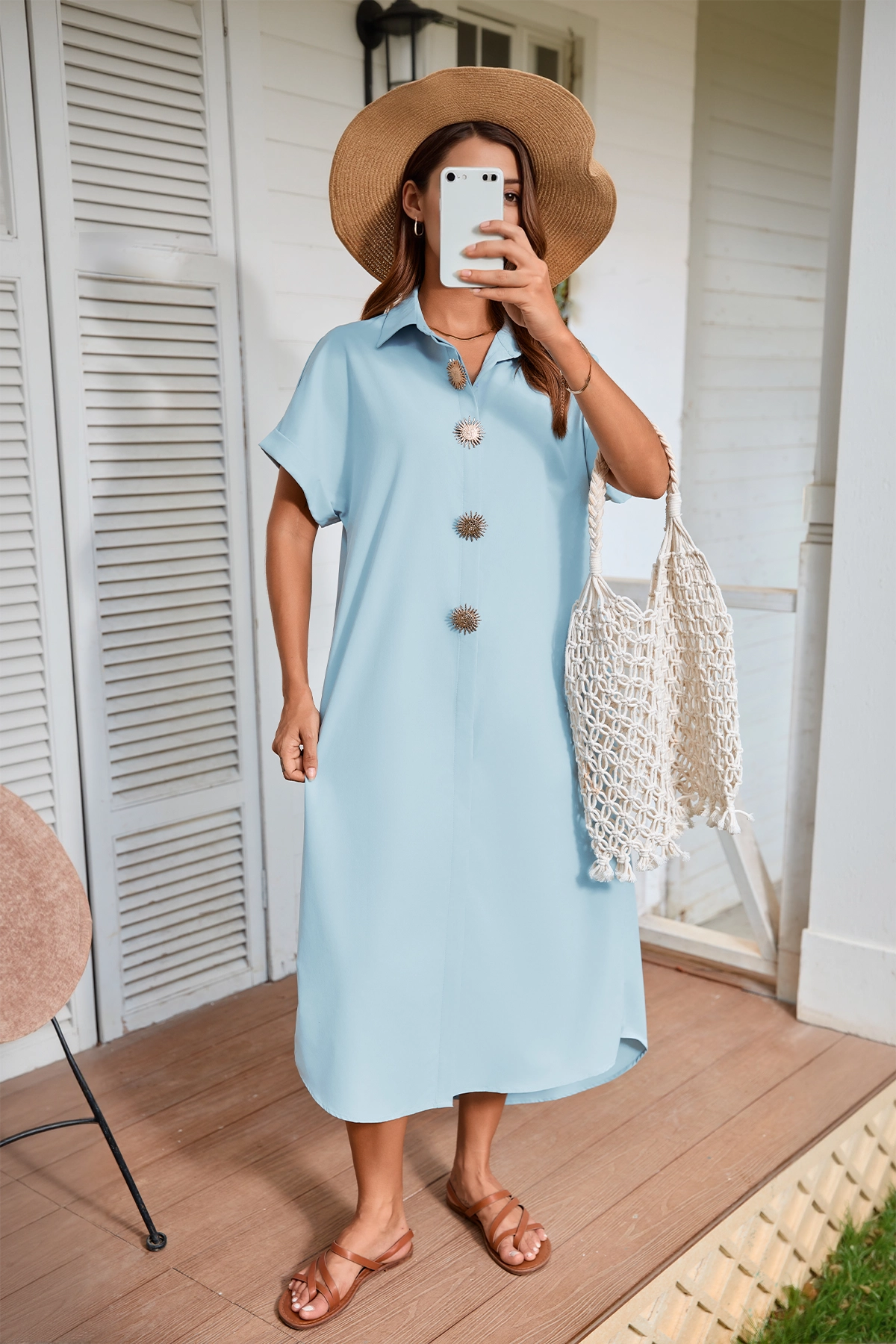 Wenrine Womens Light Blue Oversized Button Maxi Shirt Dress