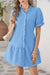 Wenrine Womens Sky Blue Textured Puff Short Sleeve Mini Dress