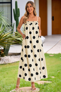 Wenrine Womens White Polka Dot Spaghetti Strap Smocked Maxi Dress