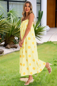Wenrine Womens Light Yellow Polka Dot Spaghetti Strap Smocked Maxi Dress