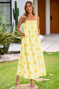 Wenrine Womens Light Yellow Polka Dot Spaghetti Strap Smocked Maxi Dress