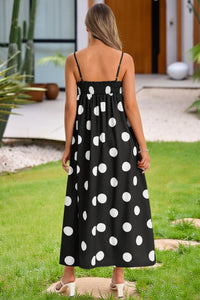Wenrine Womens Black Polka Dot Spaghetti Strap Smocked Maxi Dress