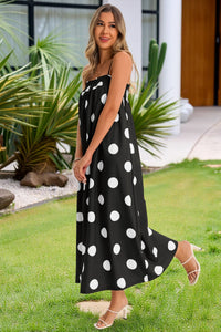 Wenrine Womens Black Polka Dot Spaghetti Strap Smocked Maxi Dress