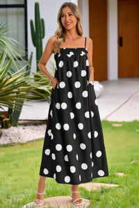 Wenrine Womens Black Polka Dot Spaghetti Strap Smocked Maxi Dress