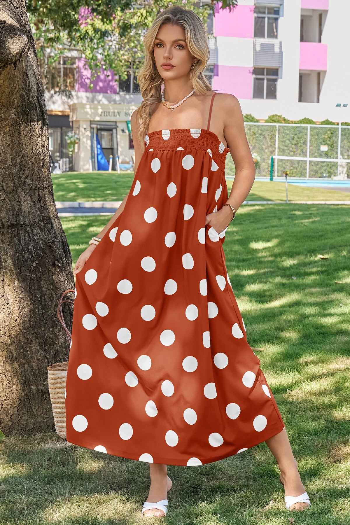Wenrine Womens Caramel Polka Dot Spaghetti Strap Smocked Maxi Dress