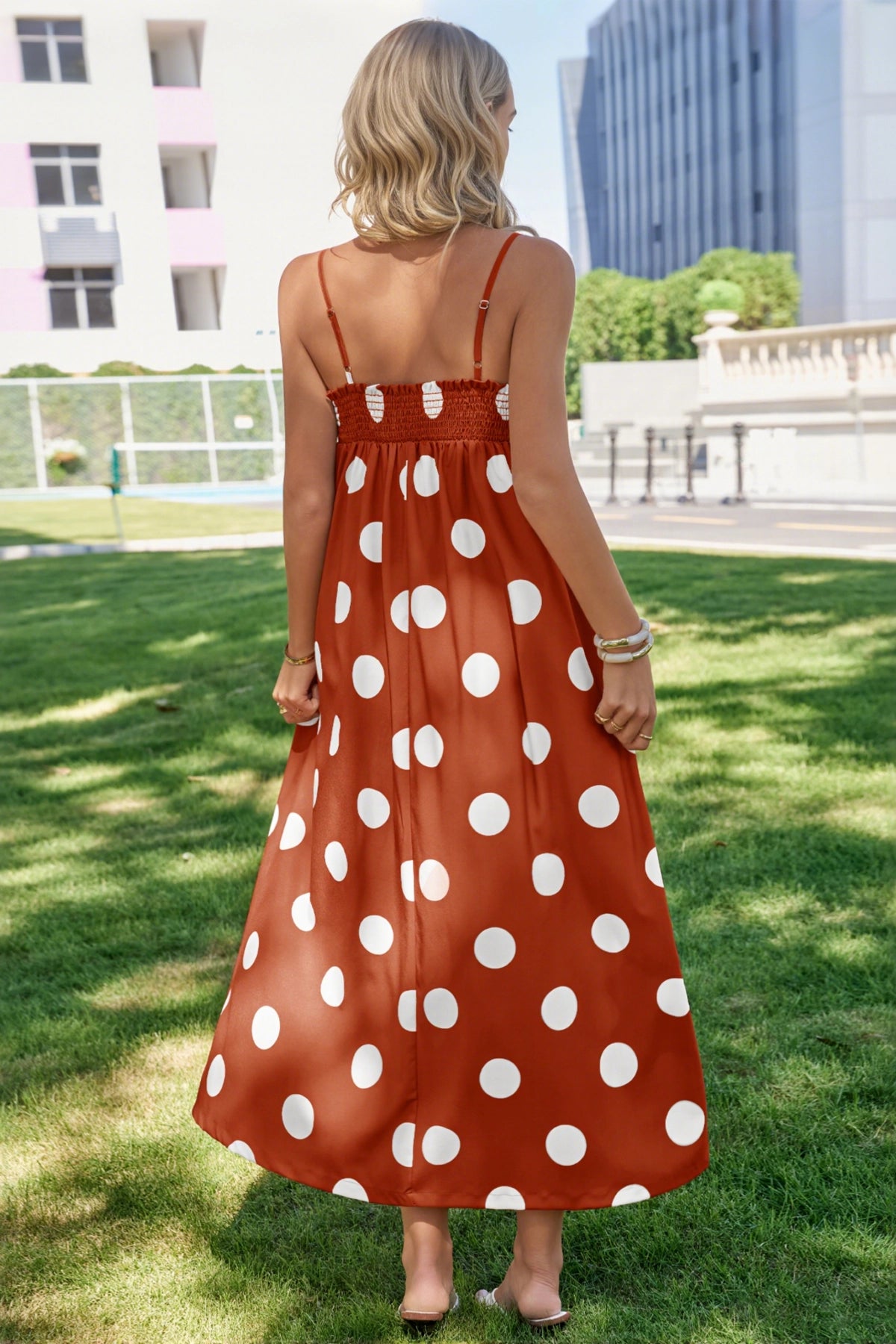 Wenrine Womens Caramel Polka Dot Spaghetti Strap Smocked Maxi Dress