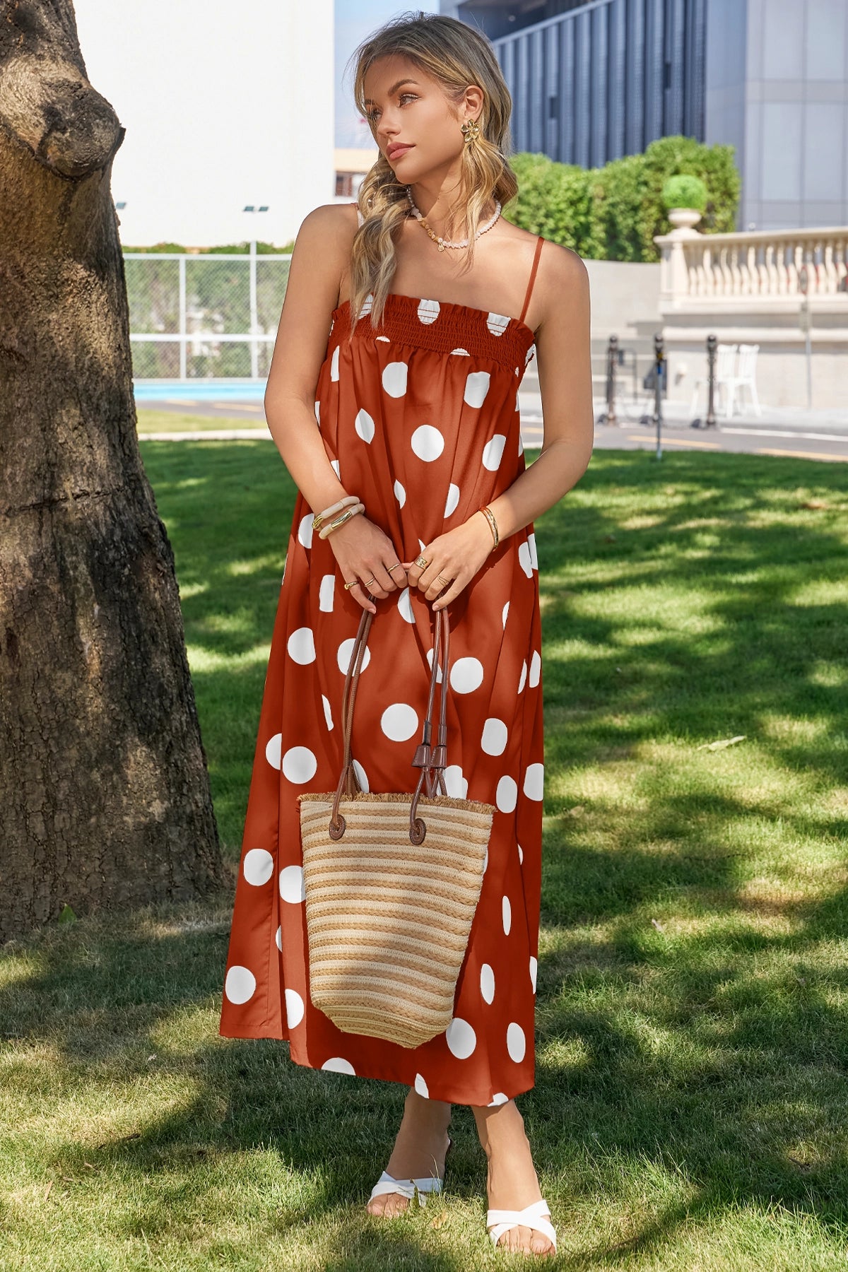 Wenrine Womens Caramel Polka Dot Spaghetti Strap Smocked Maxi Dress