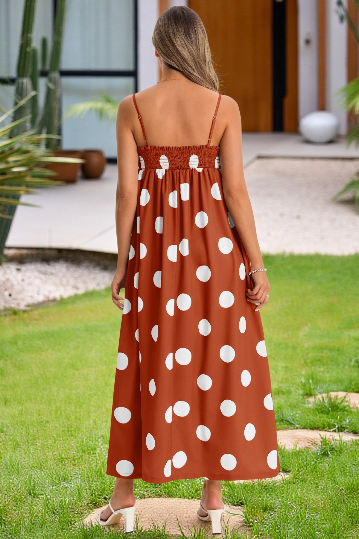 Wenrine Womens Caramel Polka Dot Spaghetti Strap Smocked Maxi Dress