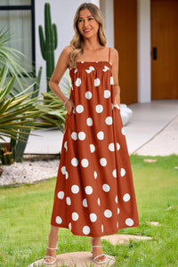 Wenrine Womens Caramel Polka Dot Spaghetti Strap Smocked Maxi Dress