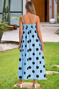 Wenrine Womens Sky Blue Polka Dot Spaghetti Strap Smocked Maxi Dress